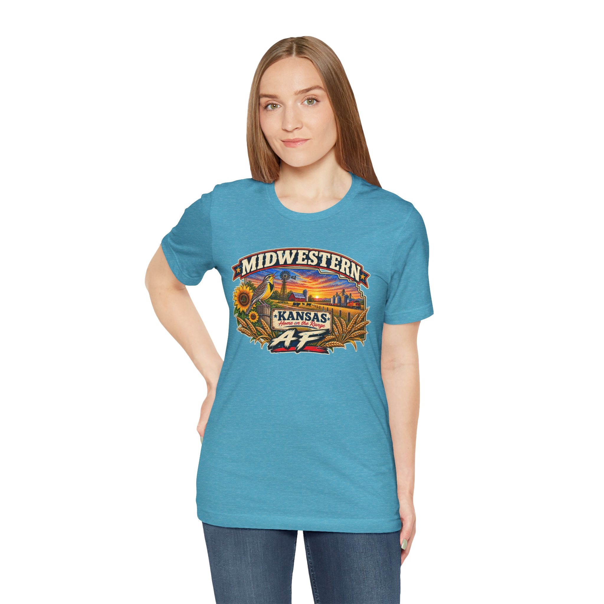 Woman wearing the heather aqua Kansas AF tee against a plain backdrop