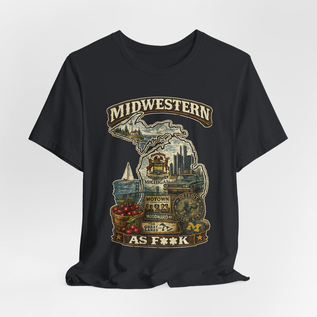 Slightly Salty Midwestern As F**K Michigan T-Shirt – product photo 28 featuring a distressed vintage design featuring Michigan's Upper and Lower Peninsulas overlaid with the state outline, surrounded by Detroit's skyline, Woodward Avenue, the Great Lakes, and Traverse City cherries