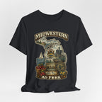 Slightly Salty Midwestern As F**K Michigan T-Shirt – product photo 28 featuring a distressed vintage design featuring Michigan's Upper and Lower Peninsulas overlaid with the state outline, surrounded by Detroit's skyline, Woodward Avenue, the Great Lakes, and Traverse City cherries