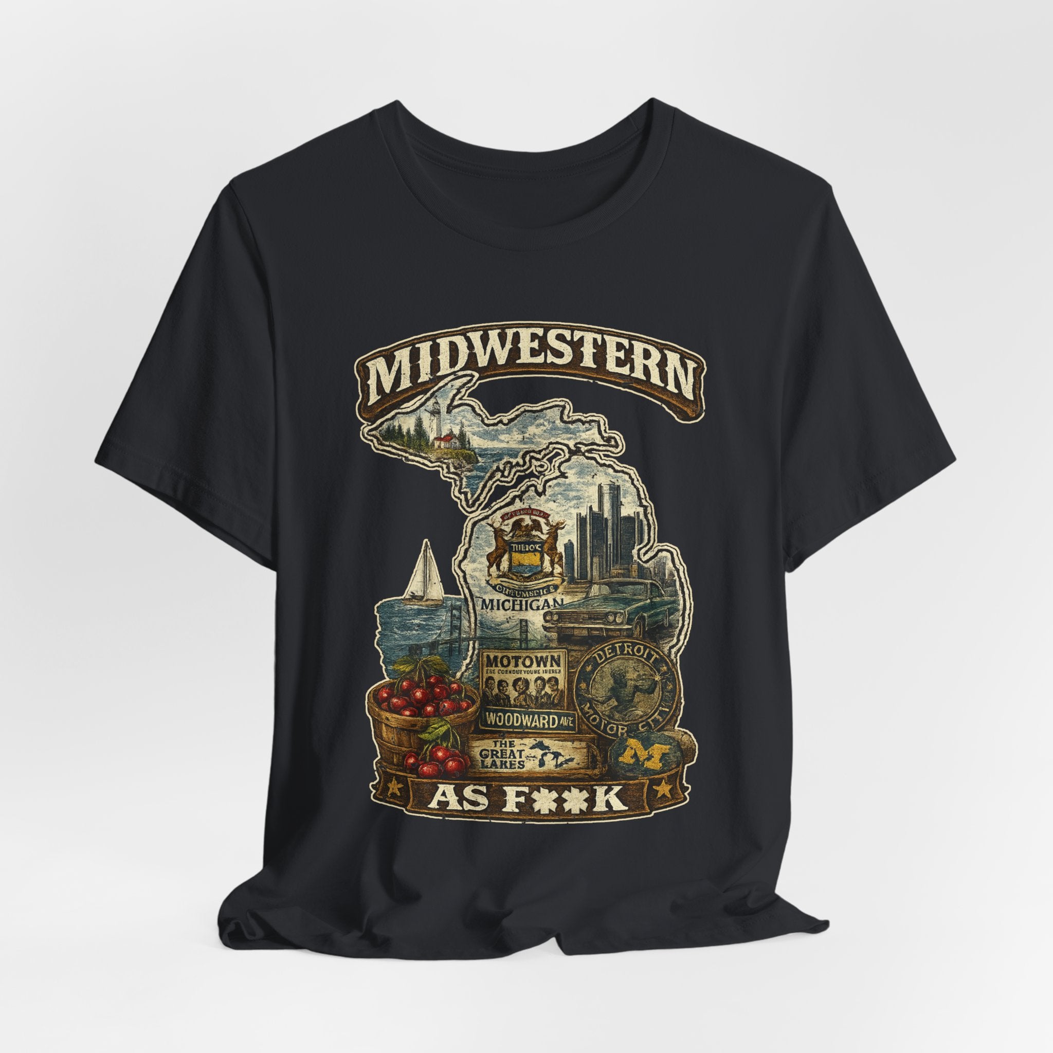 Slightly Salty Midwestern As F**K Michigan T-Shirt – product photo 28 featuring a distressed vintage design featuring Michigan's Upper and Lower Peninsulas overlaid with the state outline, surrounded by Detroit's skyline, Woodward Avenue, the Great Lakes, and Traverse City cherries