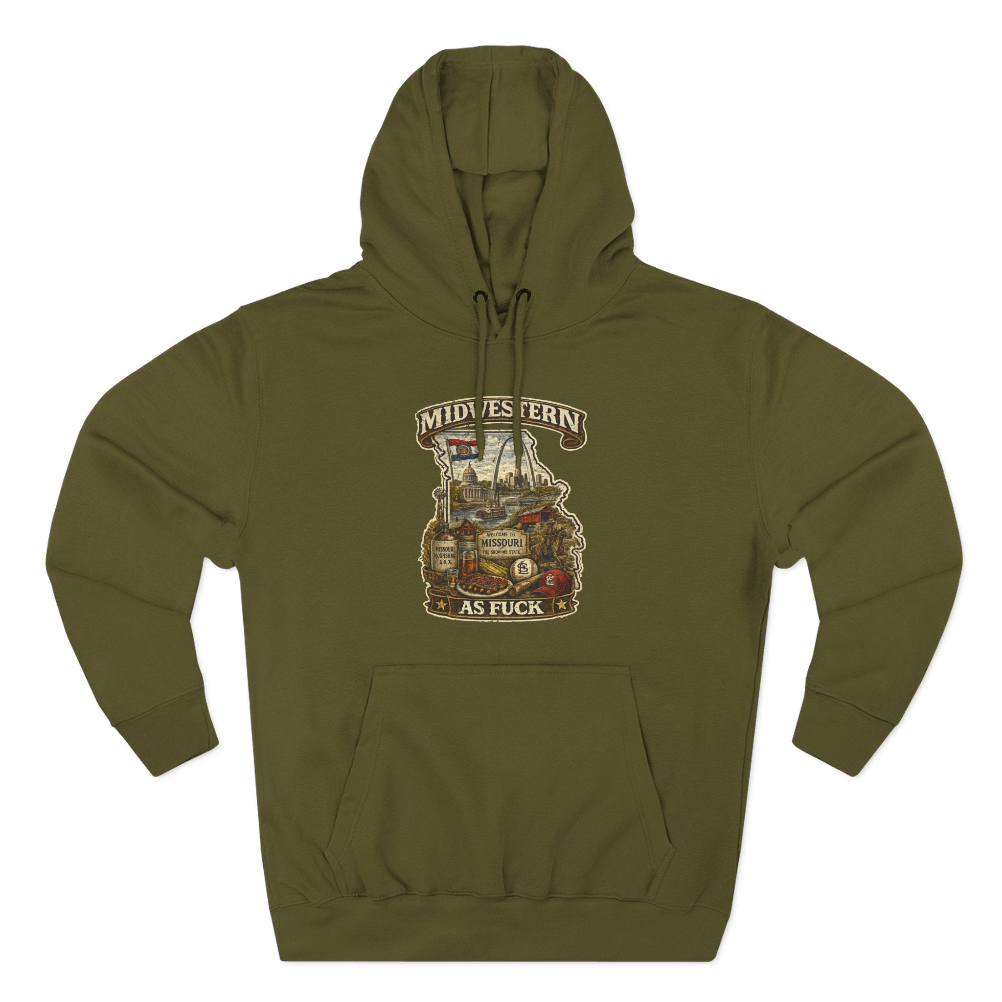 Missouri Midwestern As Fuck hoodie in Army Green laid flat, vintage Show-Me State graphic design