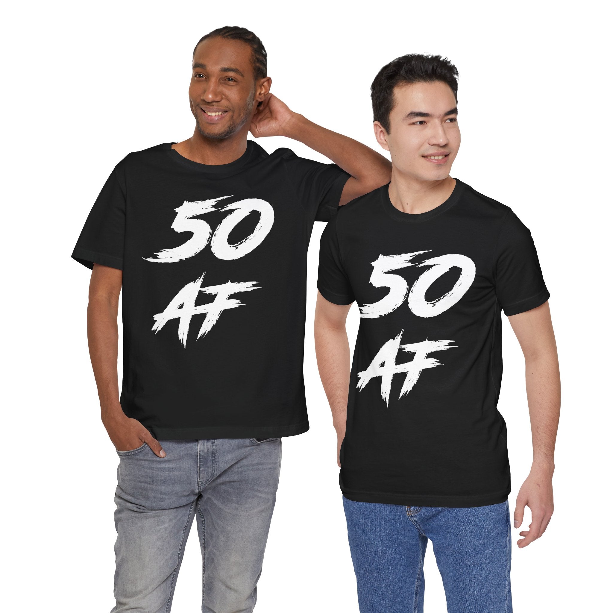 Two men standing together in black 50 AF birthday t-shirts and jeans