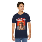 Man wearing the Navy Feral AF T-shirt, white brush lettering above the feral kid photo panel