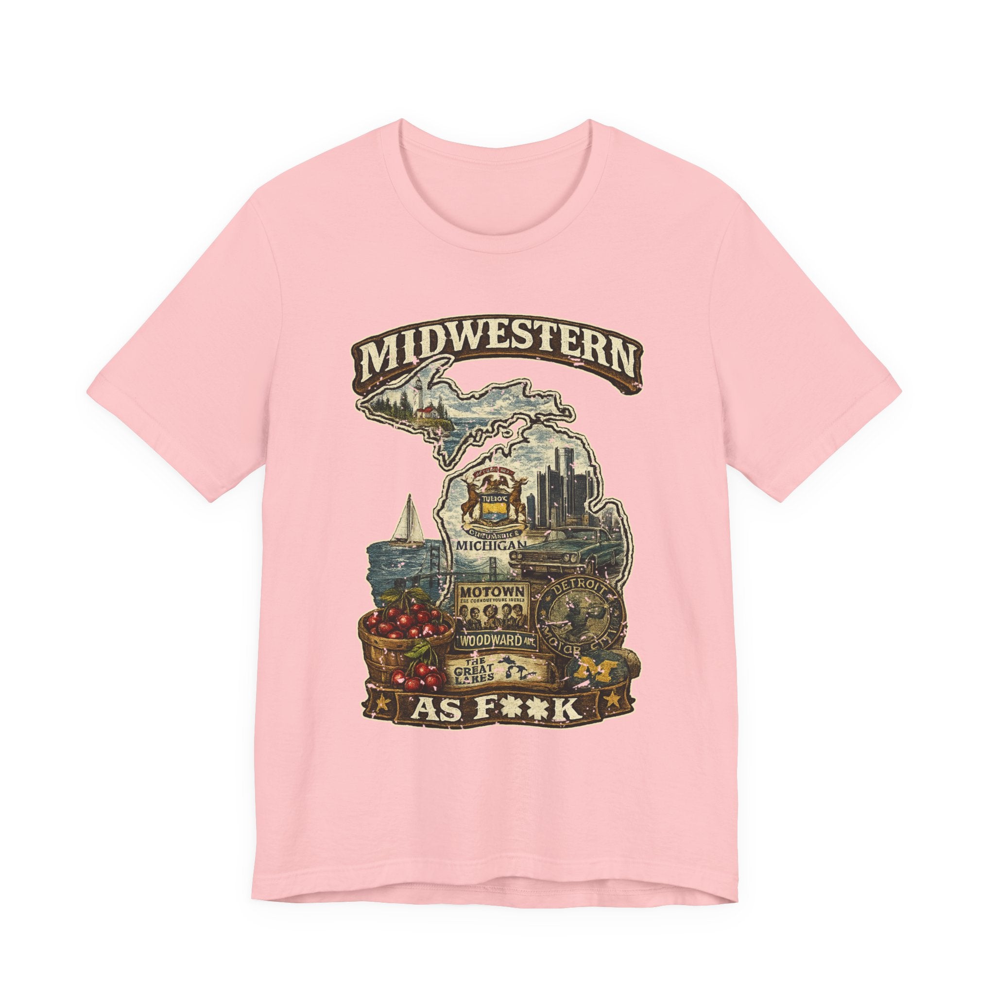 Slightly Salty Midwestern As F**K Michigan T-Shirt in Pink – a distressed vintage design featuring Michigan's Upper and Lower Peninsulas overlaid with the state outline, surrounded by Detroit's skyline, Woodward Avenue, the Great Lakes, and Traverse City cherries