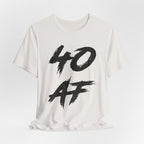 Vintage White birthday t-shirt laid flat reading 40 AF in black brush lettering