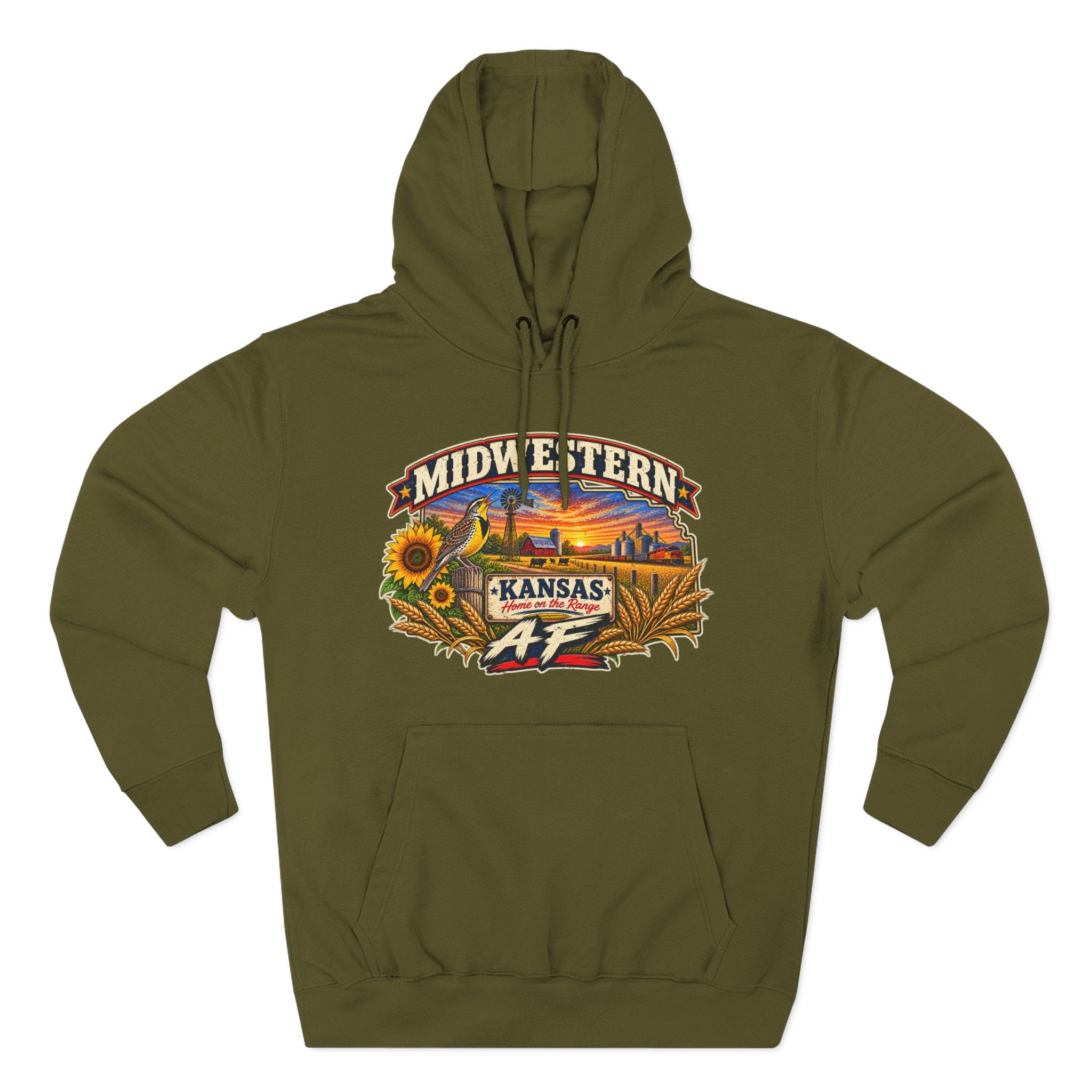 Army green Kansas AF hoodie laid flat with the vintage prairie farm artwork