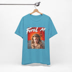 Heather Aqua Feral AF T-shirt on a wooden hanger, turquoise fabric carrying the wasteland graphic