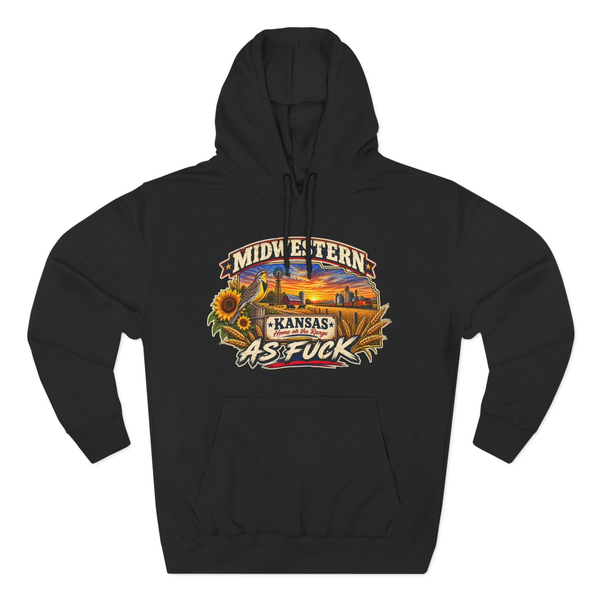 Black Kansas As Fuck hoodie laid flat showing the full-colour Sunflower State graphic