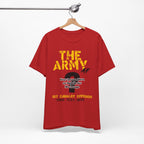 Personalized U.S. Army AF T-shirt in Red on a hanger, showing the THE ARMY AF design