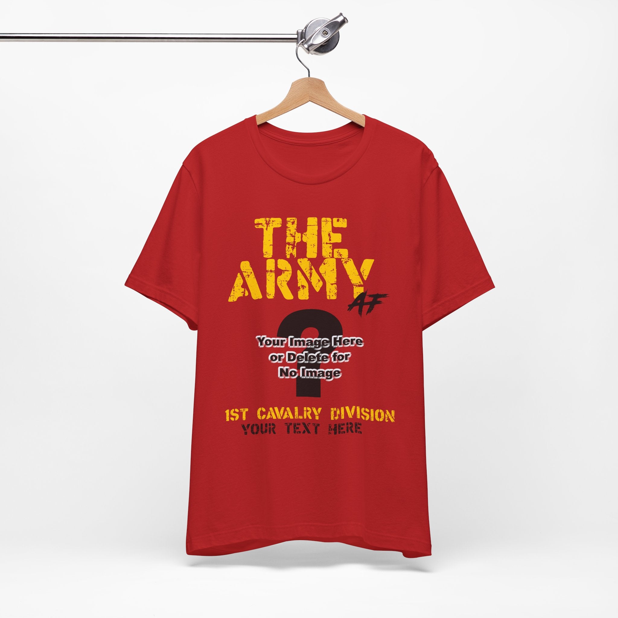 Personalized U.S. Army AF T-shirt in Red on a hanger, showing the THE ARMY AF design