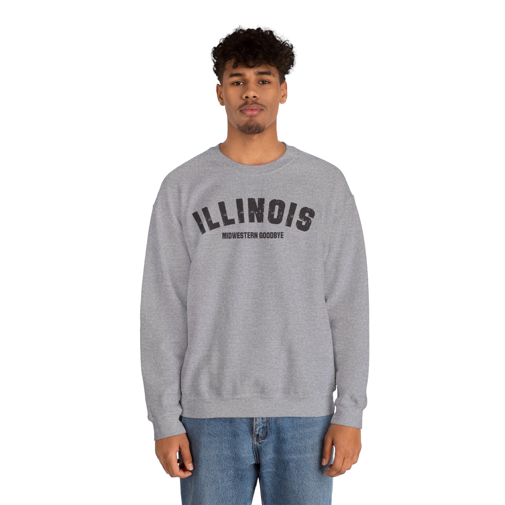 Man wearing a Sport Grey personalized Illinois sweatshirt with charcoal varsity ILLINOIS lettering