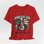 Red flat lay tee with relaxed folds, Uncle Sam pointing graphic and 'I'm American AF, Made In Texas' text