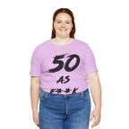 Smiling woman in the Heather Prism Lilac tee with the black 50 AS F**K print