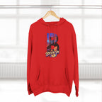 Red hoodie hanging on a wooden hanger, bold B with a Brooklyn Bridge sunset skyline graphic.