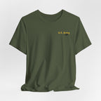 Army veteran T-shirt in Military Green shown draped with the U.S. Army chest print