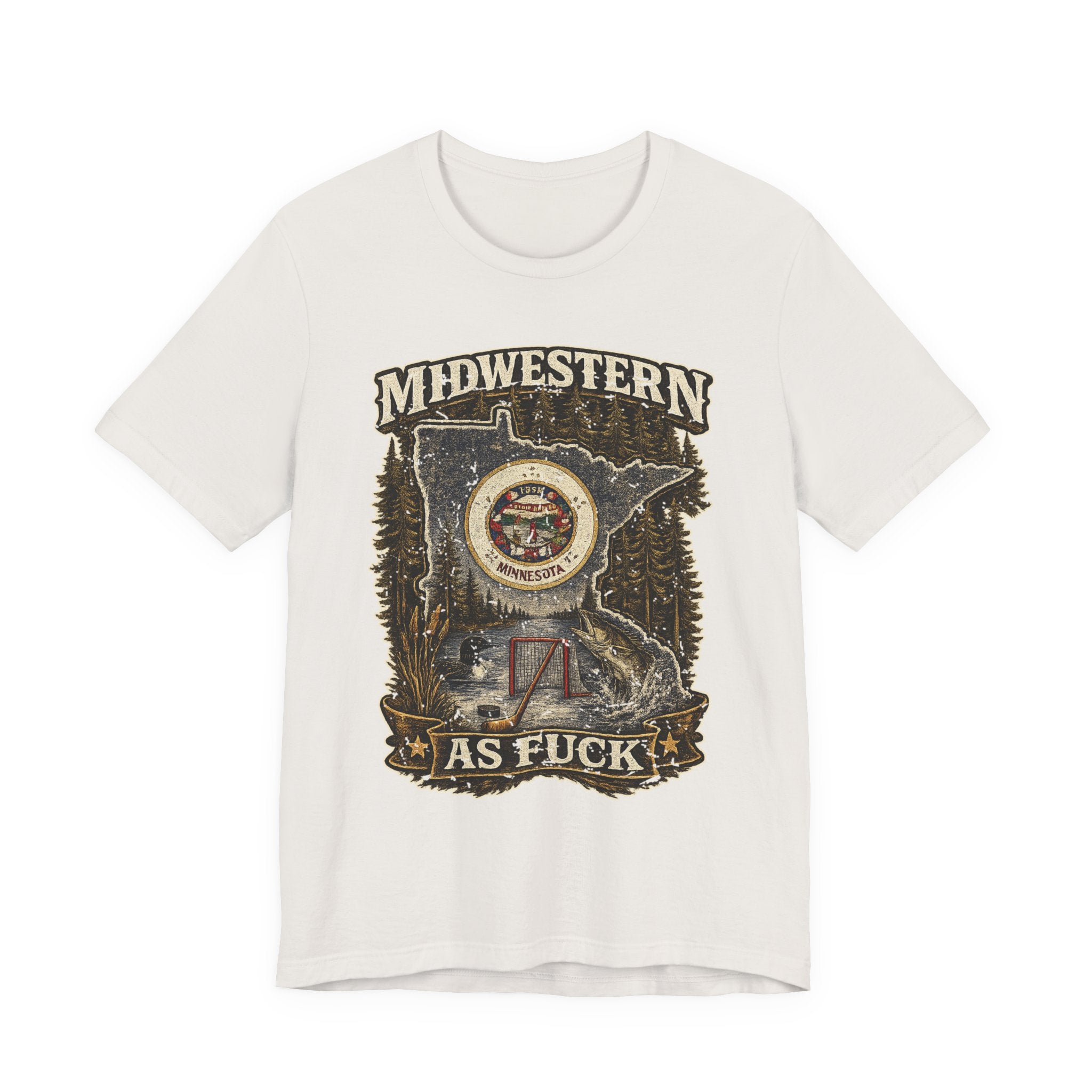 No Filter Midwestern As Fuck Minnesota T-Shirt in Vintage White – distressed Minnesota state flag design with pine trees, loon and walleye