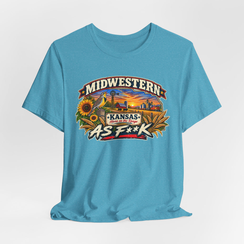 Heather aqua Kansas As F**K tee draped flat, artwork shown in full detail