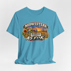 Heather aqua Kansas As F**K tee draped flat, artwork shown in full detail