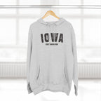 Heather grey personalized Iowa hoodie on a hanger, varsity IOWA above a WEST SENIOR HIGH line