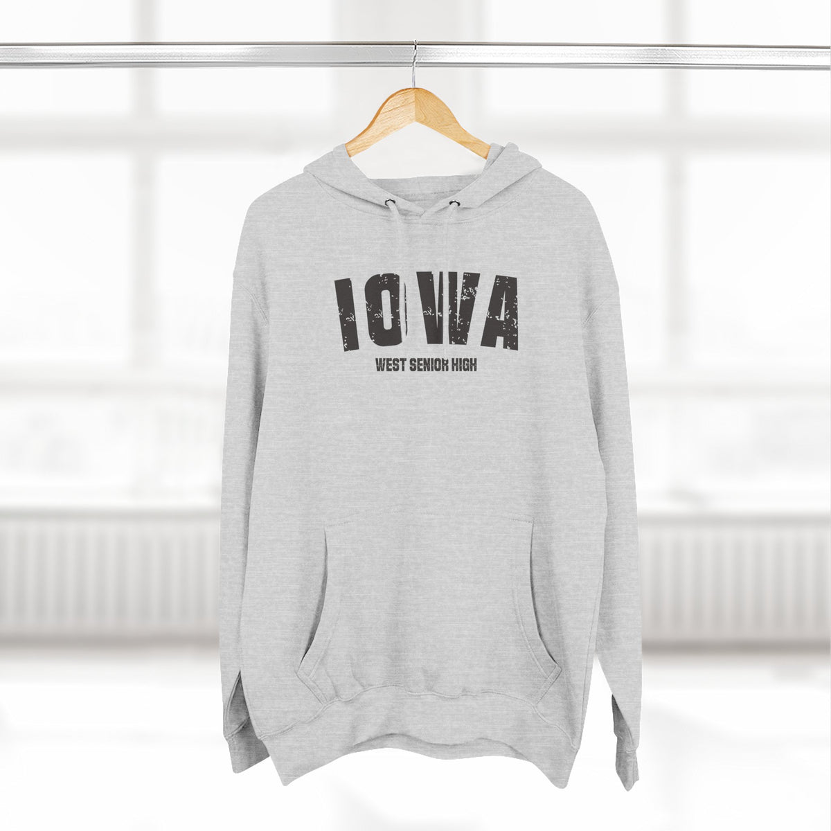 Heather grey personalized Iowa hoodie on a hanger, varsity IOWA above a WEST SENIOR HIGH line