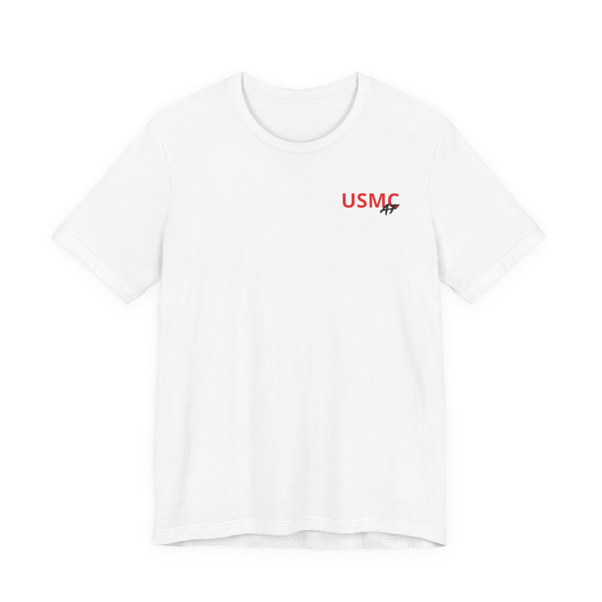Marine Corps veteran T-shirt in White laid flat with the red USMC AF left-chest print
