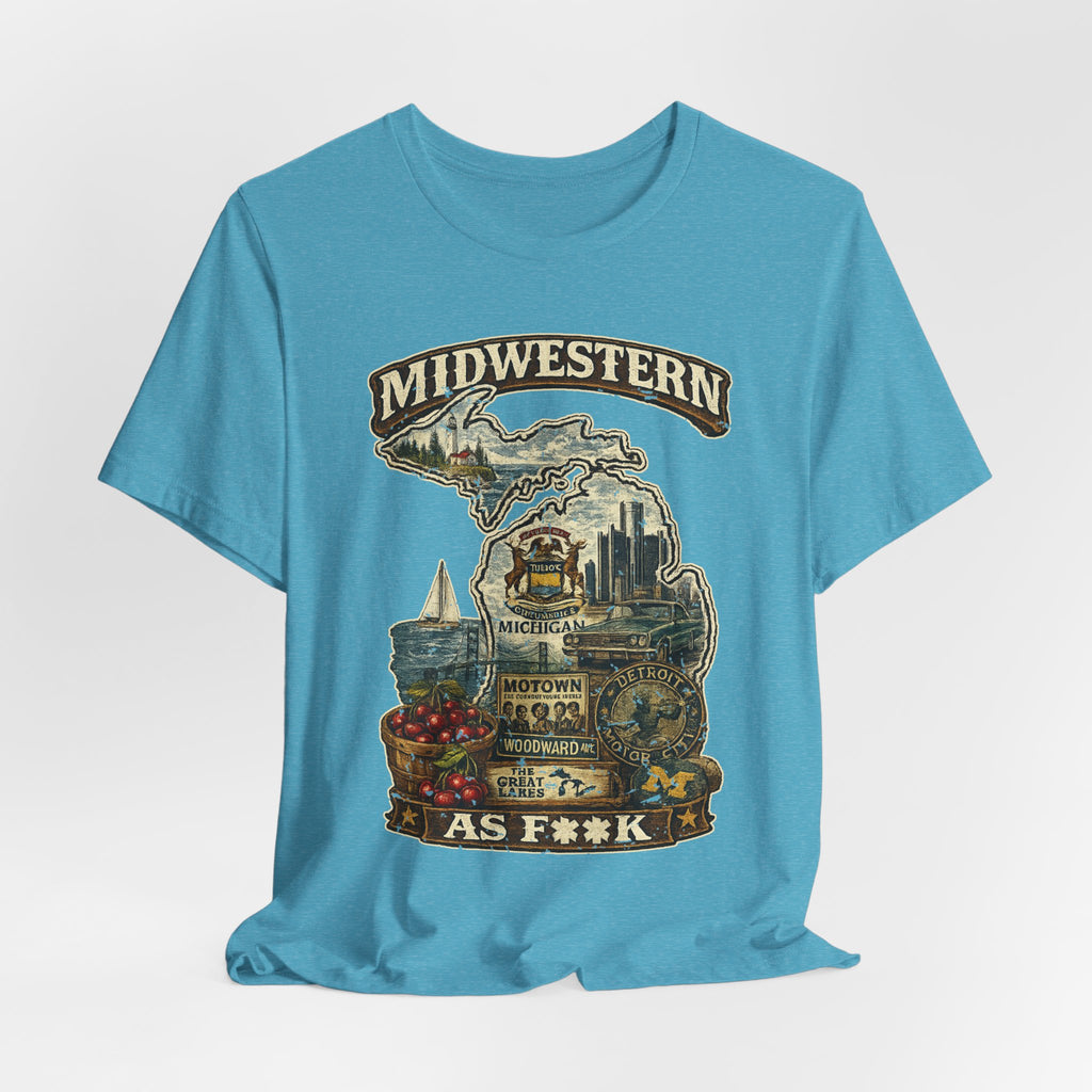 Slightly Salty Midwestern As F**K Michigan T-Shirt – product photo 14 featuring a distressed vintage design featuring Michigan's Upper and Lower Peninsulas overlaid with the state outline, surrounded by Detroit's skyline, Woodward Avenue, the Great Lakes, and Traverse City cherries