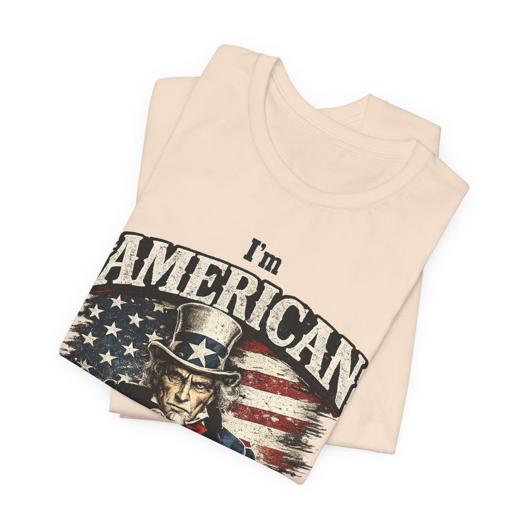 Navy flat lay tee with the Uncle Sam graphic and 'I'm American AF, Made In Texas' design