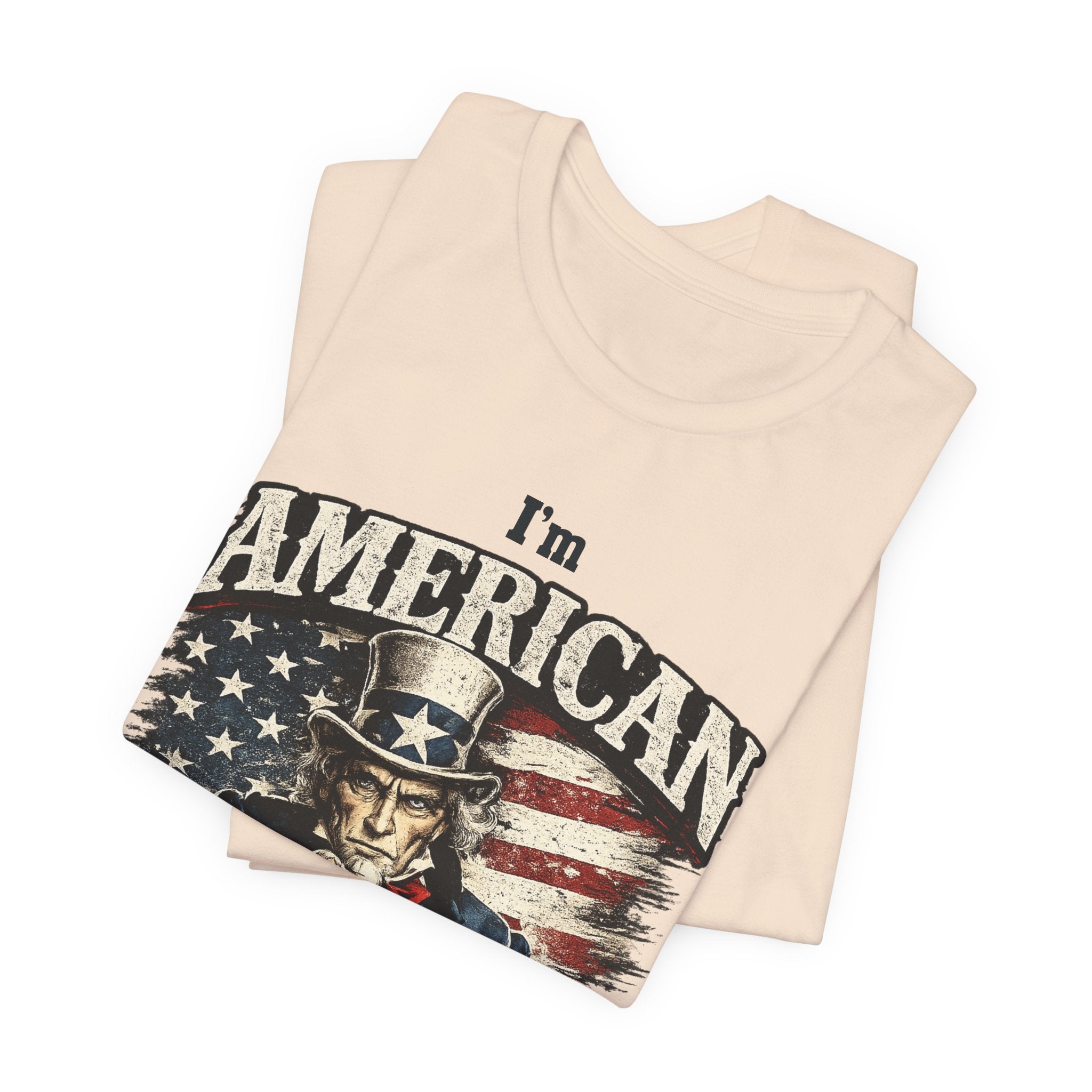 Navy flat lay tee with the Uncle Sam graphic and 'I'm American AF, Made In Texas' design
