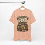 Heather peach Missouri Midwestern As Fuck t-shirt hanging on a wooden hanger, vintage Show-Me State graphic design