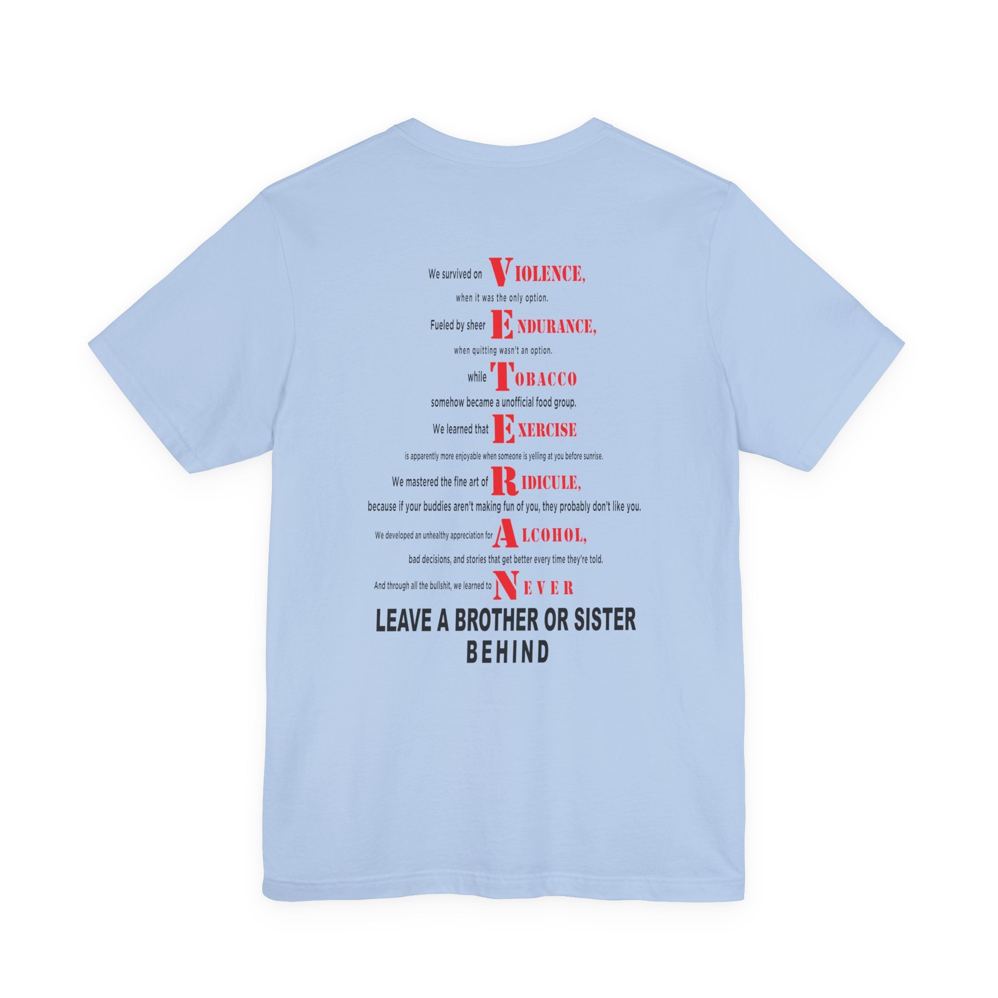 Marine Corps veteran T-shirt in Baby Blue showing the VETERAN acrostic back print