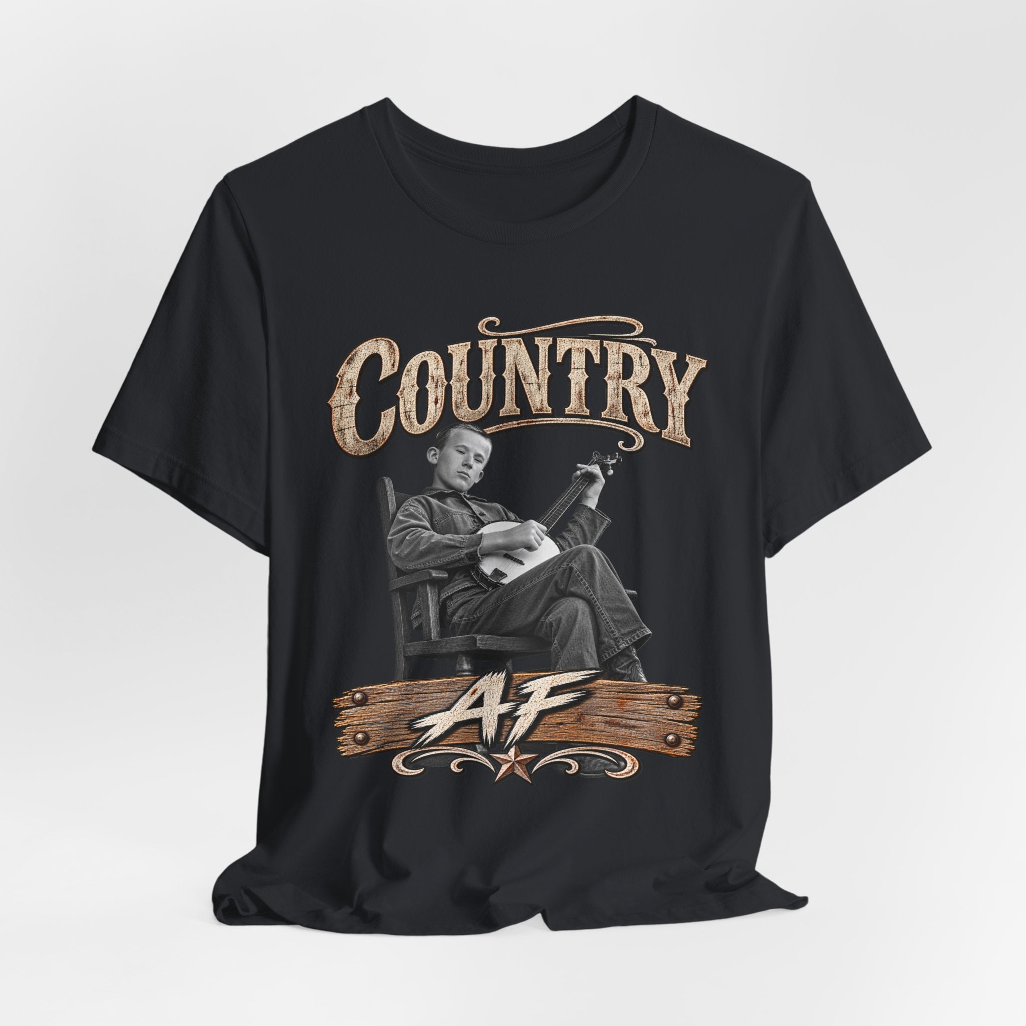 Vintage Black Country AF tee draped flat, cream COUNTRY AF lettering