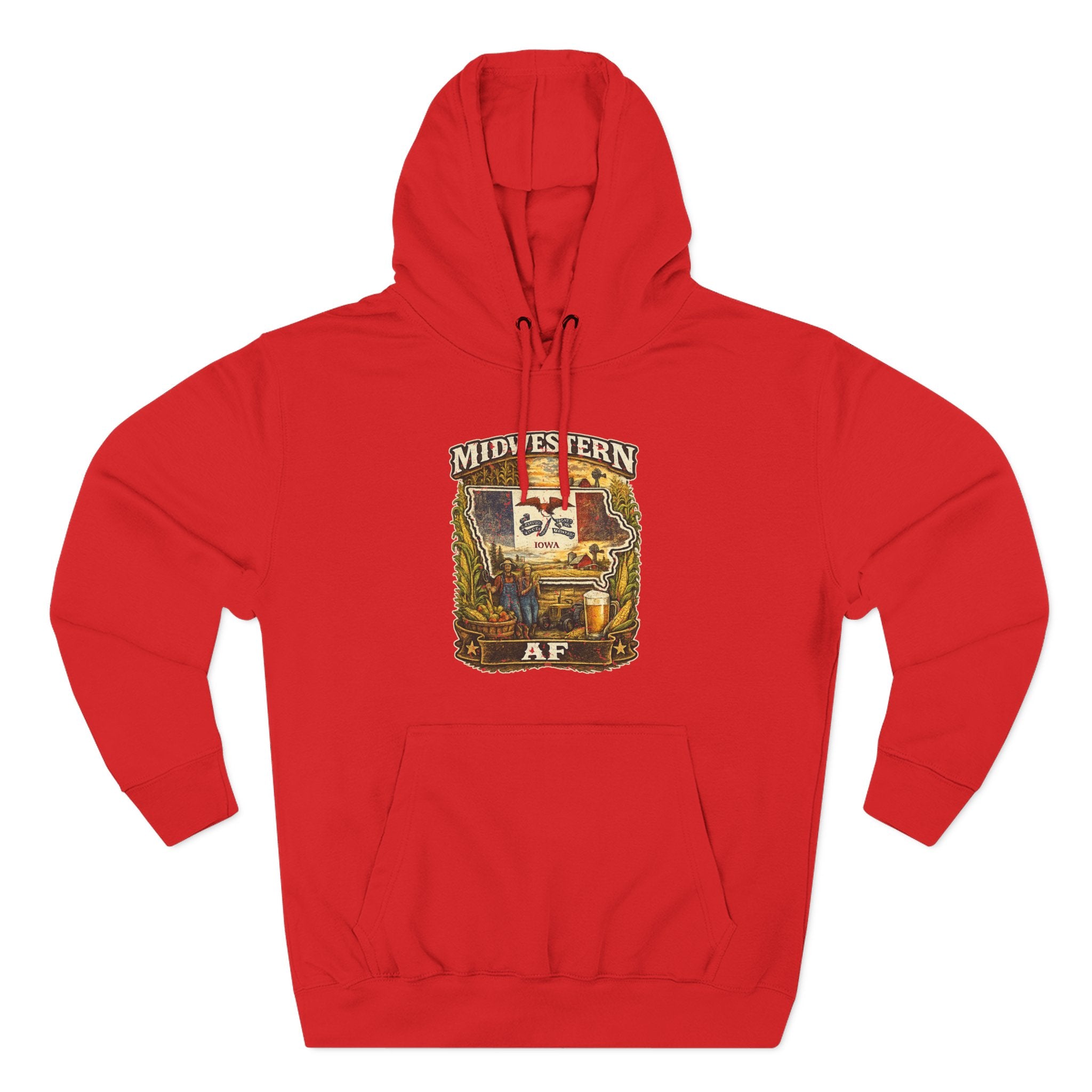 Family Friendly Midwestern AF Iowa Hoodie in Red – a distressed vintage design featuring the outline of Iowa overlaid with the Iowa state flag, surrounded by towering corn stalks, rolling farmland, a classic red barn, a windmill, a tractor, and an overflowing harvest basket