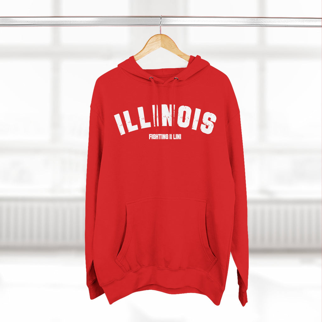 Red personalized Illinois hoodie on a wooden hanger, white varsity ILLINOIS above a custom text line