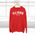 Red personalized Illinois hoodie on a wooden hanger, white varsity ILLINOIS above a custom text line
