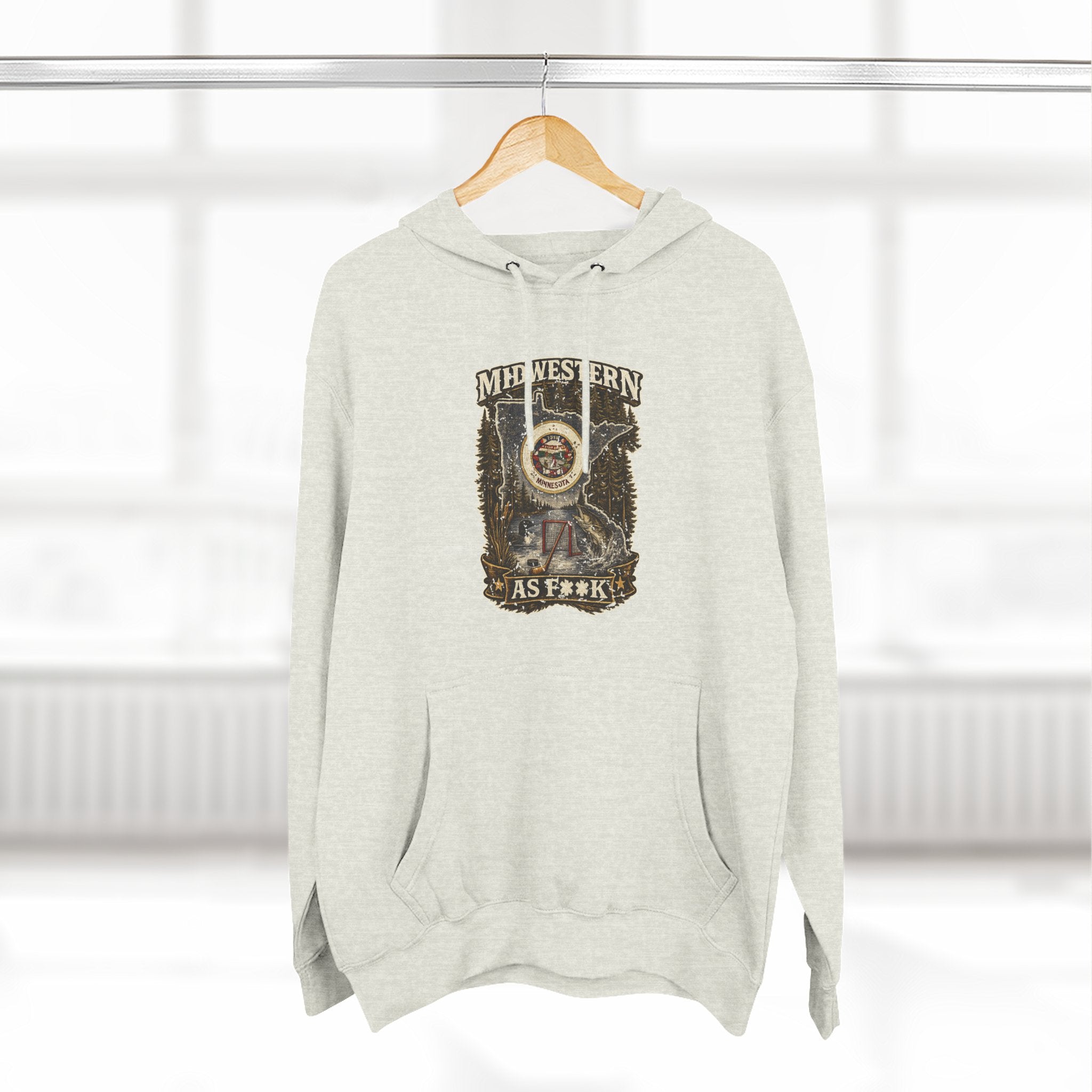 Slightly Salty Midwestern As F**K Minnesota Hoodie – product photo 19 featuring the distressed state flag, pine trees, loon and walleye design