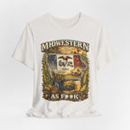 Slightly Salty Midwestern As F**K Iowa T-Shirt – product photo 25 featuring a distressed vintage design featuring the outline of Iowa overlaid with the Iowa state flag, surrounded by towering corn stalks, rolling farmland, a classic red barn, a windmill, a tractor, and an overflowing harvest basket