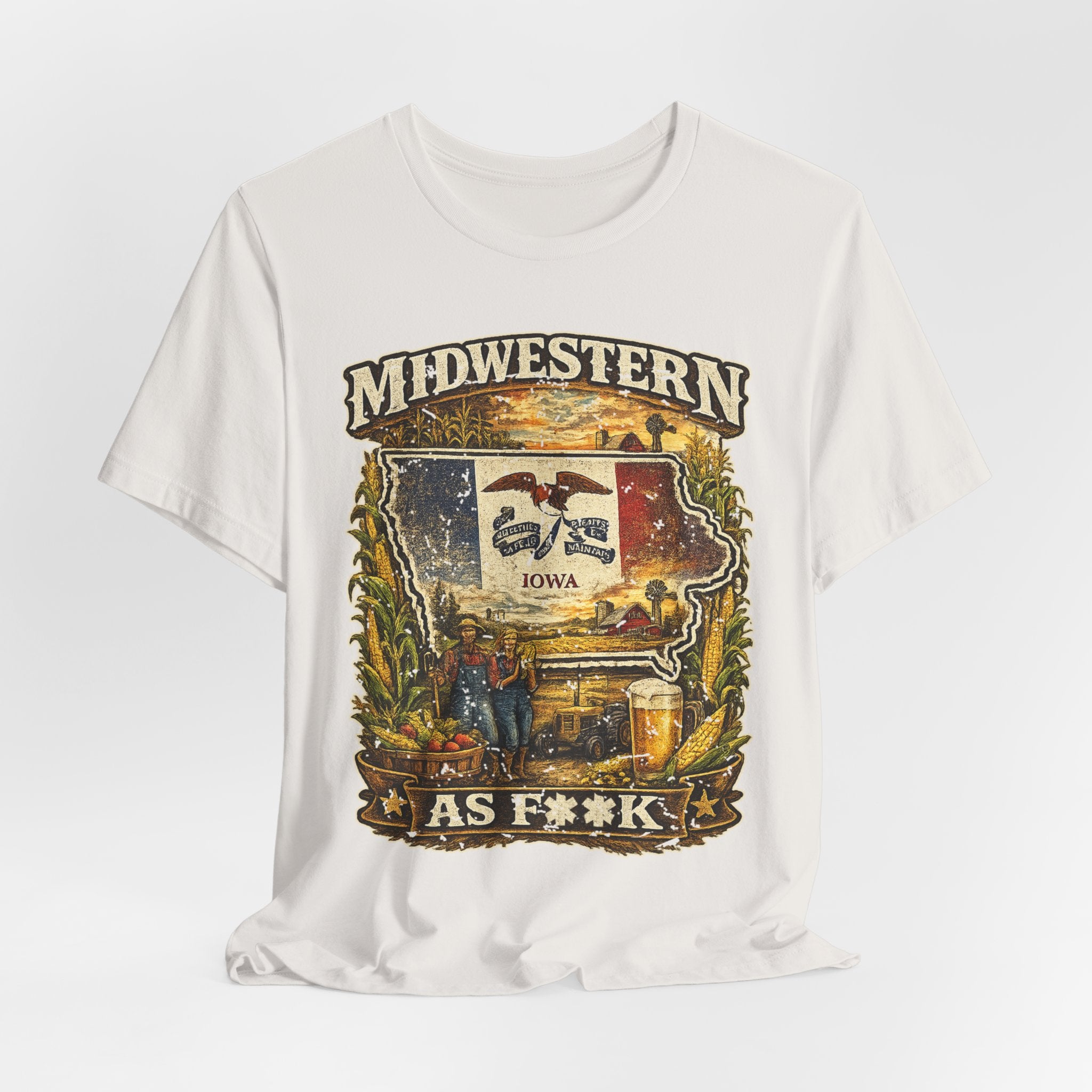 Slightly Salty Midwestern As F**K Iowa T-Shirt – product photo 25 featuring a distressed vintage design featuring the outline of Iowa overlaid with the Iowa state flag, surrounded by towering corn stalks, rolling farmland, a classic red barn, a windmill, a tractor, and an overflowing harvest basket
