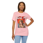 Woman wearing the Pink Feral AF T-shirt with a hand on her hip, the full front print in view