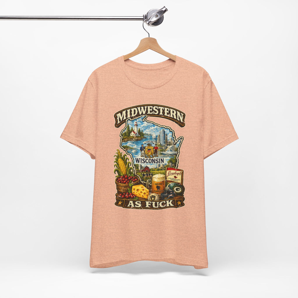 Midwestern As Fuck Wisconsin T-Shirt | Funny Wisconsin Pride Tee | Bella + Canvas 3001 | Vintage Cheesehead State Shirt