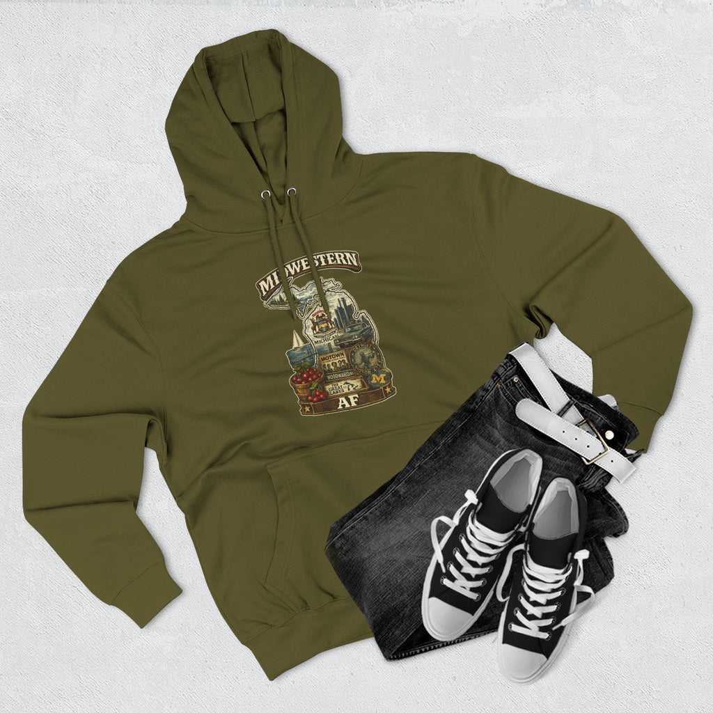 Family Friendly Midwestern AF Michigan Hoodie – cozy Michigan pride sweatshirt gift for Detroit fans, front view (photo 1)