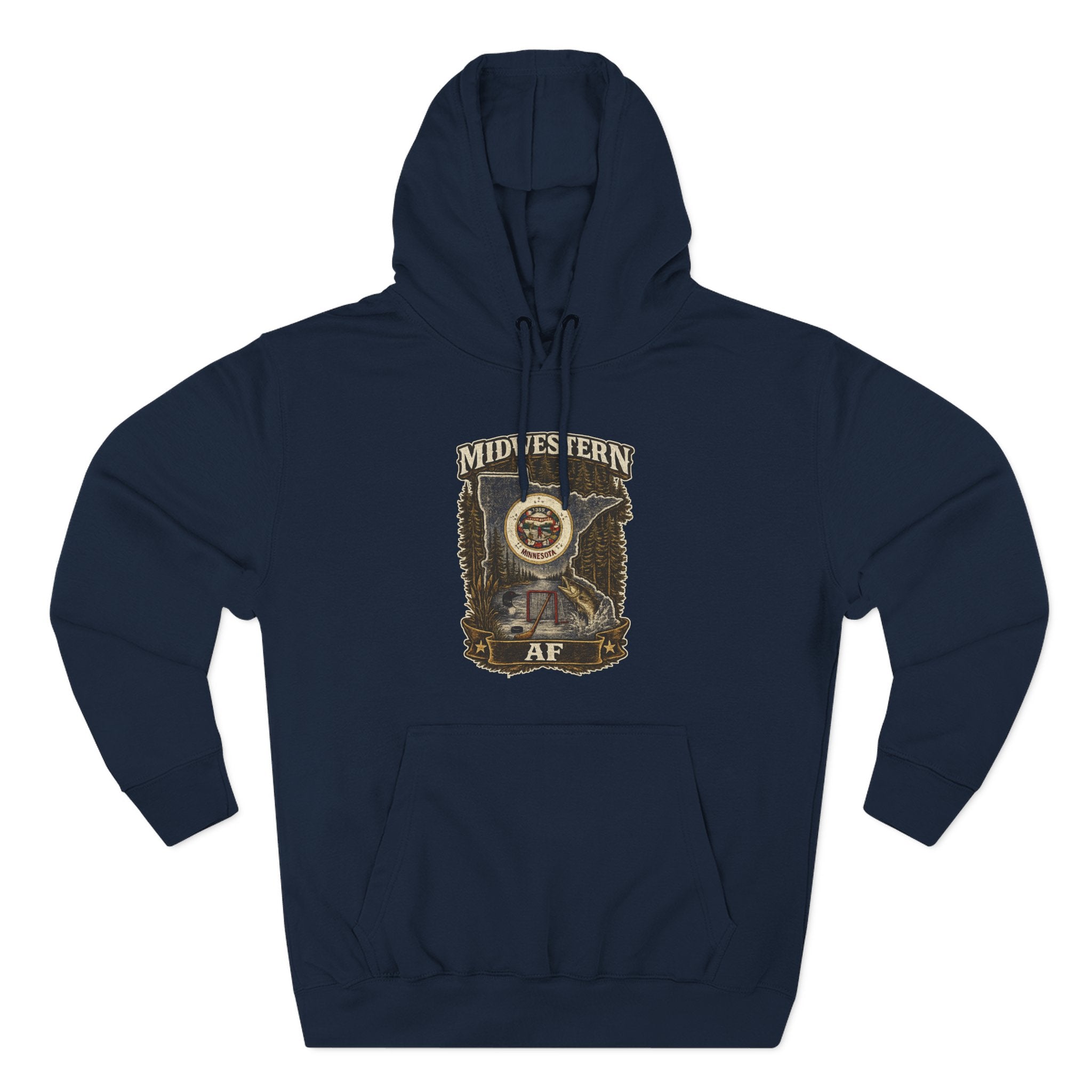 Family Friendly Midwestern AF Minnesota Hoodie in Navy – distressed Minnesota state flag design with pine trees, loon and walleye