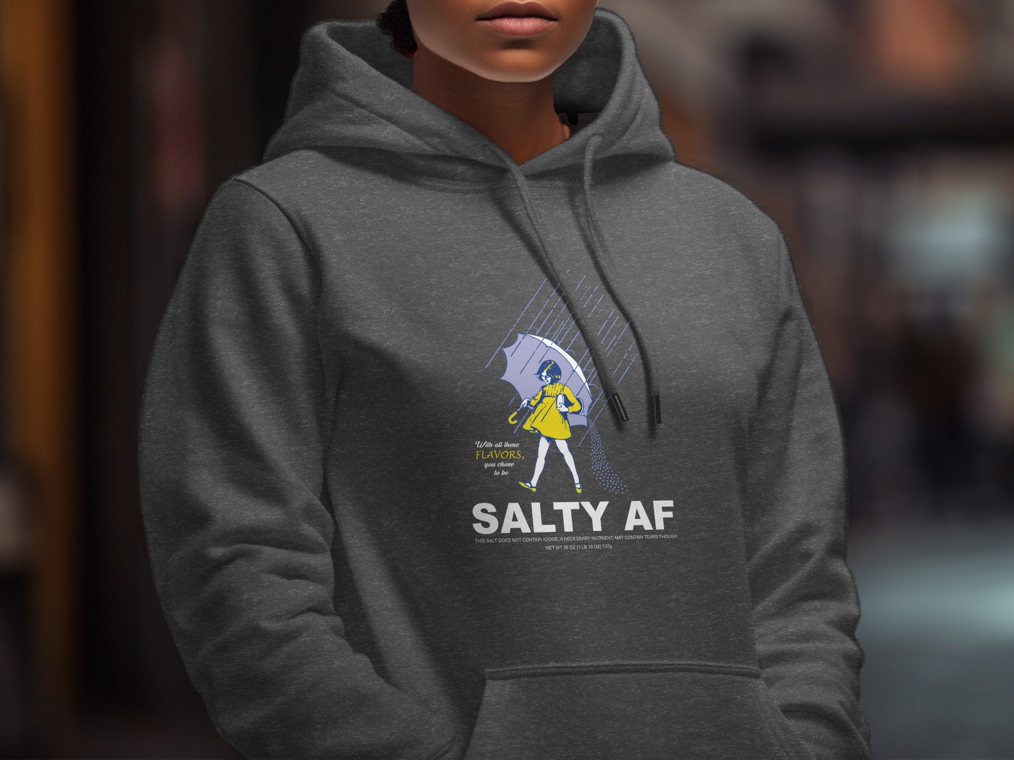 Dark grey Salty AF Hoodie with Morton Salt Girl rain girl graphic – Anything AF