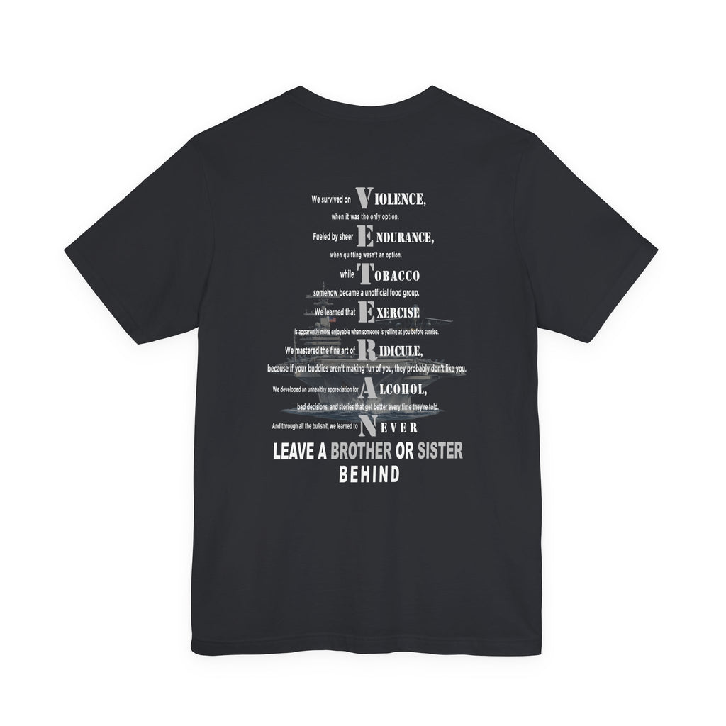Navy veteran tee in Vintage Black, VETERAN back print over a faded aircraft carrier
