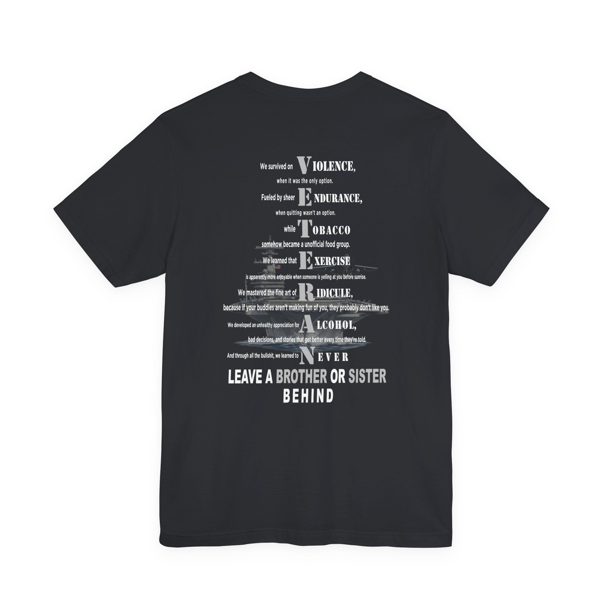 Navy veteran tee in Vintage Black, VETERAN back print over a faded aircraft carrier