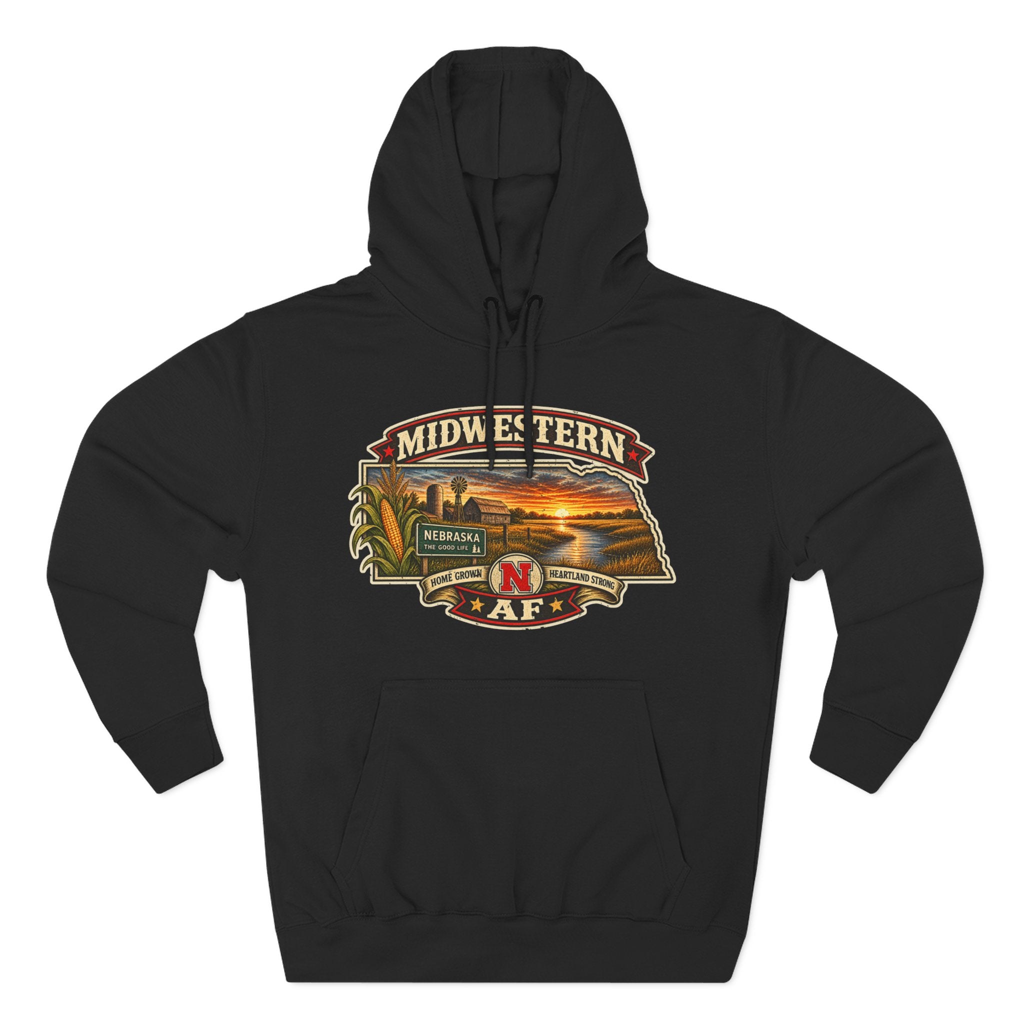 Black Nebraska hoodie laid flat showing the full-colour Midwestern AF front graphic
