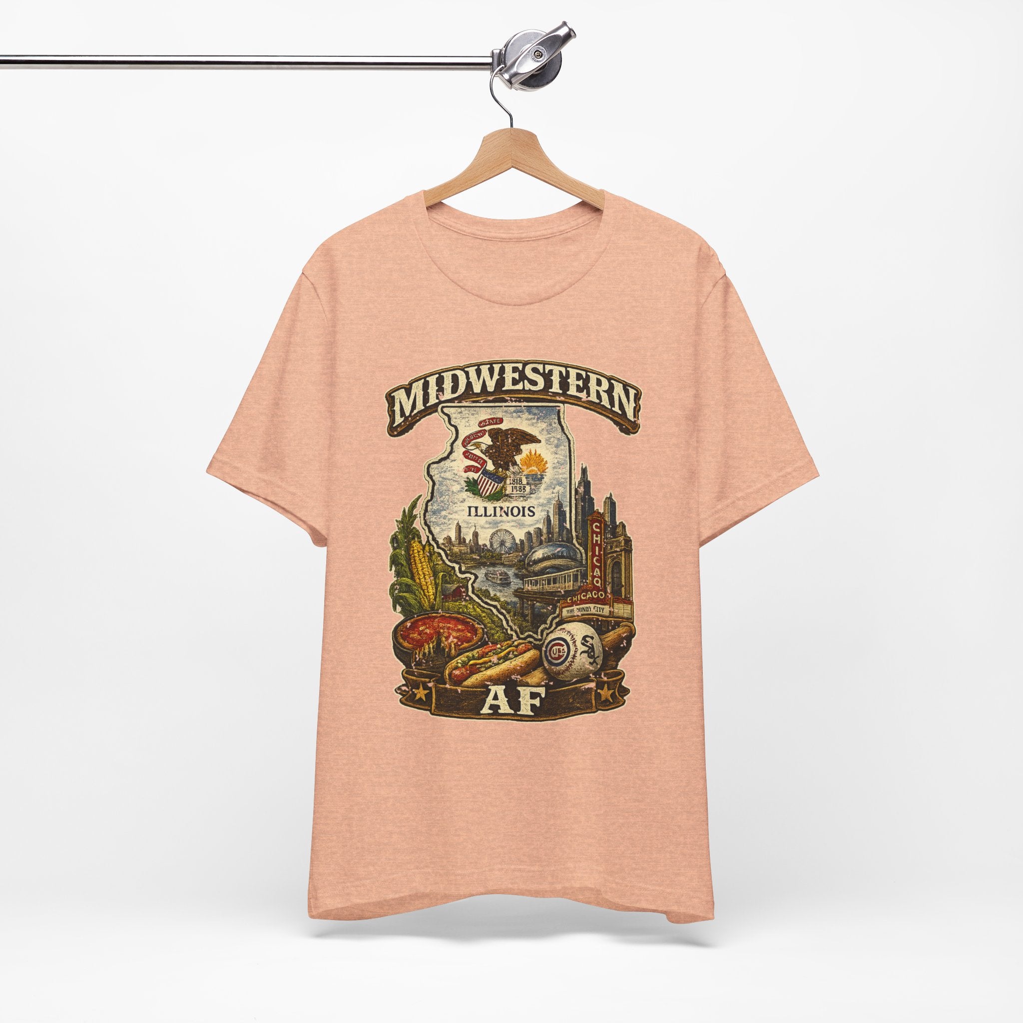 Family Friendly Midwestern AF Illinois T-Shirt – product photo 9 featuring a distressed vintage design featuring the Illinois state outline overlaid with the state flag, surrounded by the Chicago skyline, the Chicago Theatre sign, The Bean, deep-dish pizza, a Chicago-style hot dog, and towering corn fields