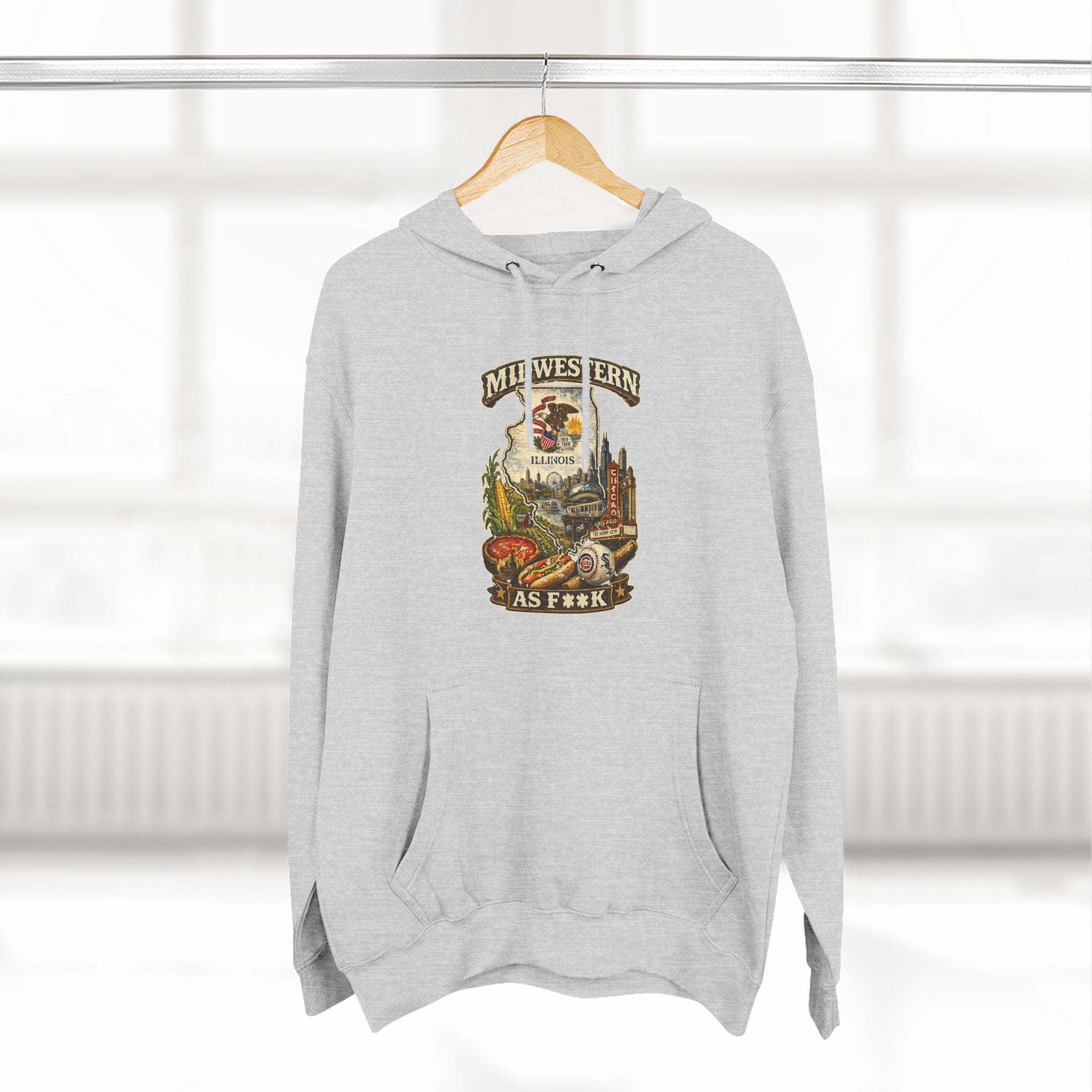 Slightly Salty Midwestern As F**K Illinois Hoodie – product photo 14 featuring a distressed vintage design featuring the Illinois state outline overlaid with the state flag, surrounded by the Chicago skyline, the Chicago Theatre sign, The Bean, deep-dish pizza, a Chicago-style hot dog, and towering corn fields