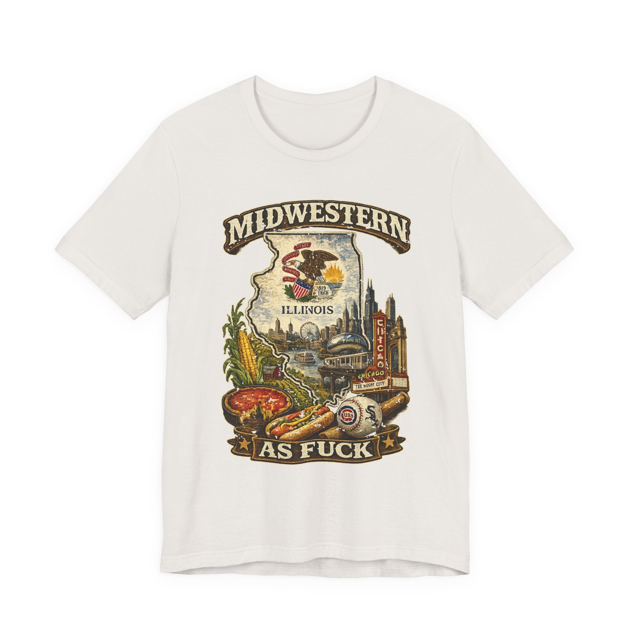 Midwestern As Fuck Illinois T-Shirt in Vintage White – a distressed vintage design featuring the Illinois state outline overlaid with the state flag, surrounded by the Chicago skyline, the Chicago Theatre sign, The Bean, deep-dish pizza, a Chicago-style hot dog, and towering corn fields