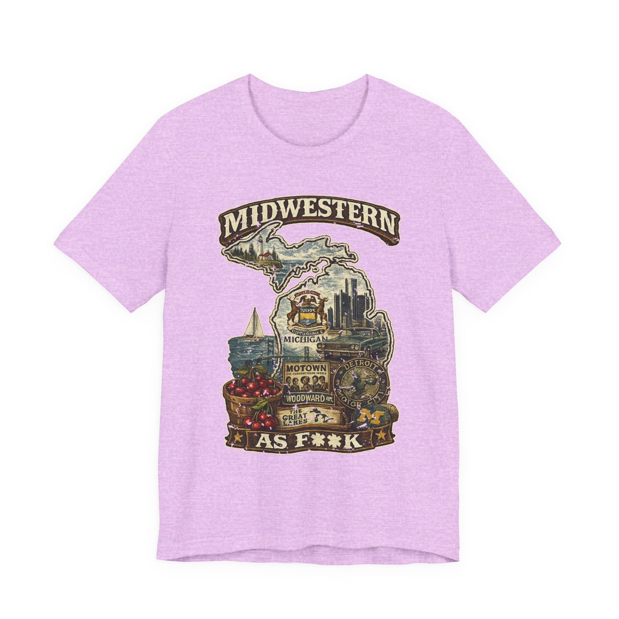 Slightly Salty Midwestern As F**K Michigan T-Shirt in Heather Prism Lilac – a distressed vintage design featuring Michigan's Upper and Lower Peninsulas overlaid with the state outline, surrounded by Detroit's skyline, Woodward Avenue, the Great Lakes, and Traverse City cherries