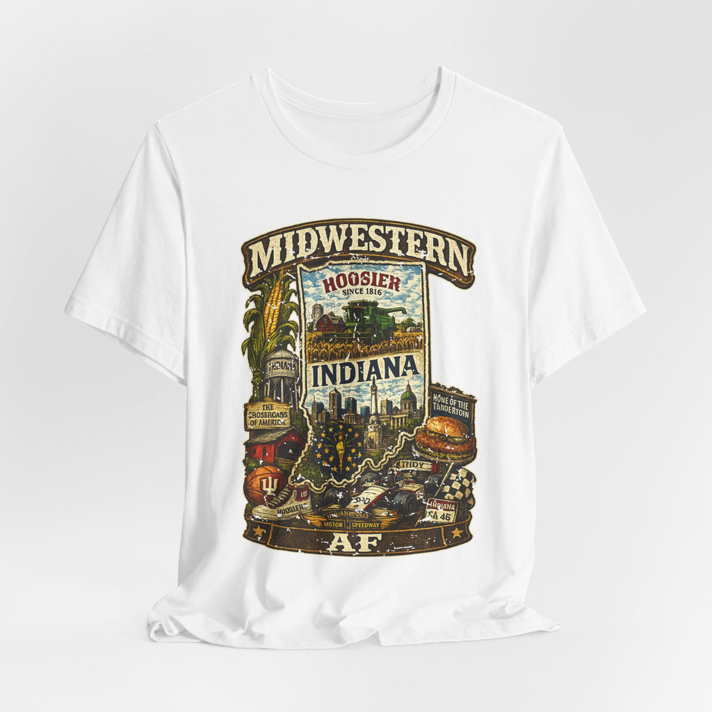Indiana Midwestern AF T-Shirt on Bella + Canvas 3001, family friendly Indianapolis skyline and Indy 500 graphic